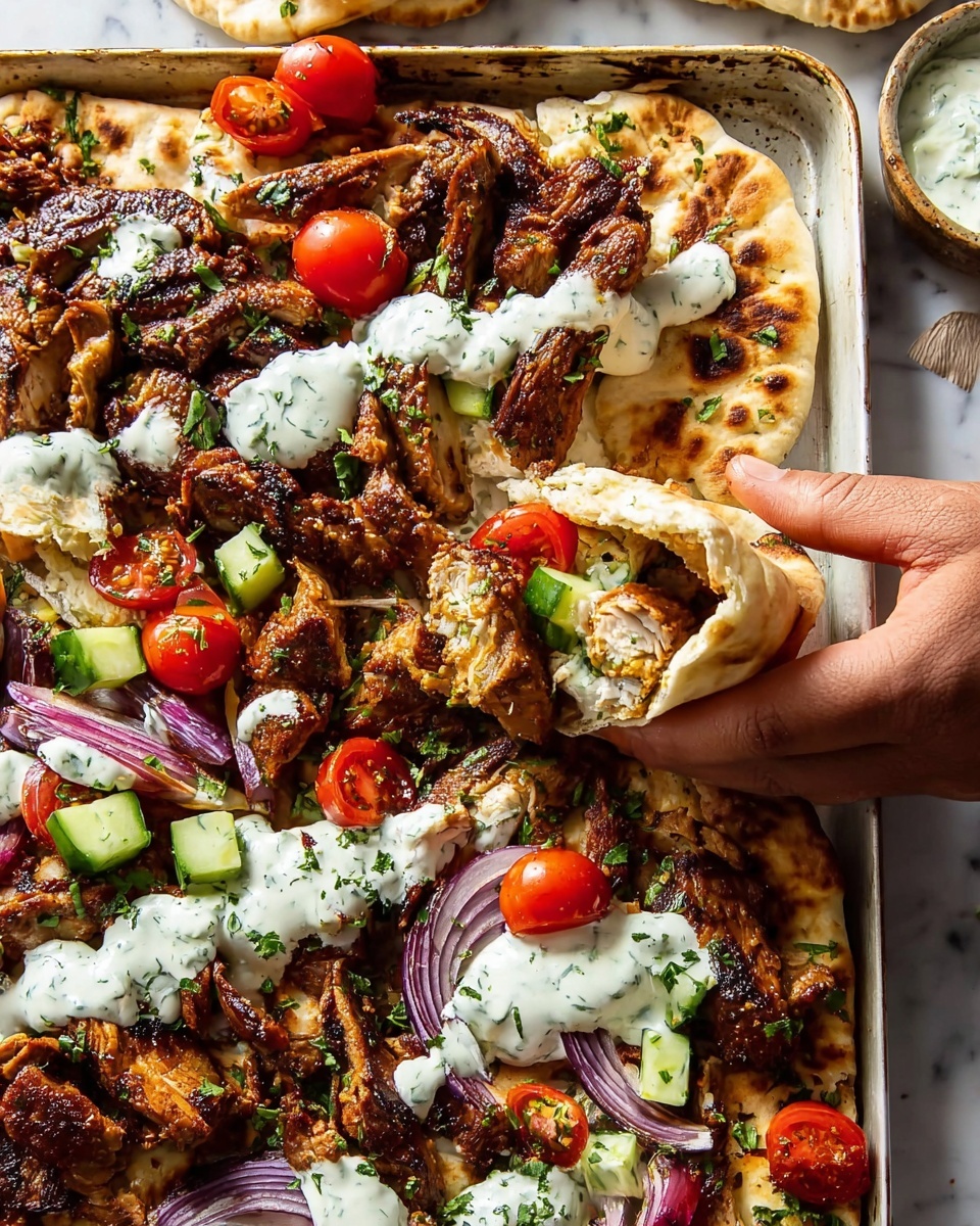A large metal baking tray is filled with cooked pieces of golden-orange spiced meat mixed with charred purple onion wedges, creating a mix of warm rich colors and textures. A woman’s hand is holding a wooden spatula lifting some meat and onions from the tray. To the right, there is a bowl of creamy white sauce with specks, a white bowl of mixed salad containing green cucumber and halved red cherry tomatoes, and a stack of light brown pita bread, all sitting on a white marbled surface. photo taken with an iphone --ar 4:5 --v 7