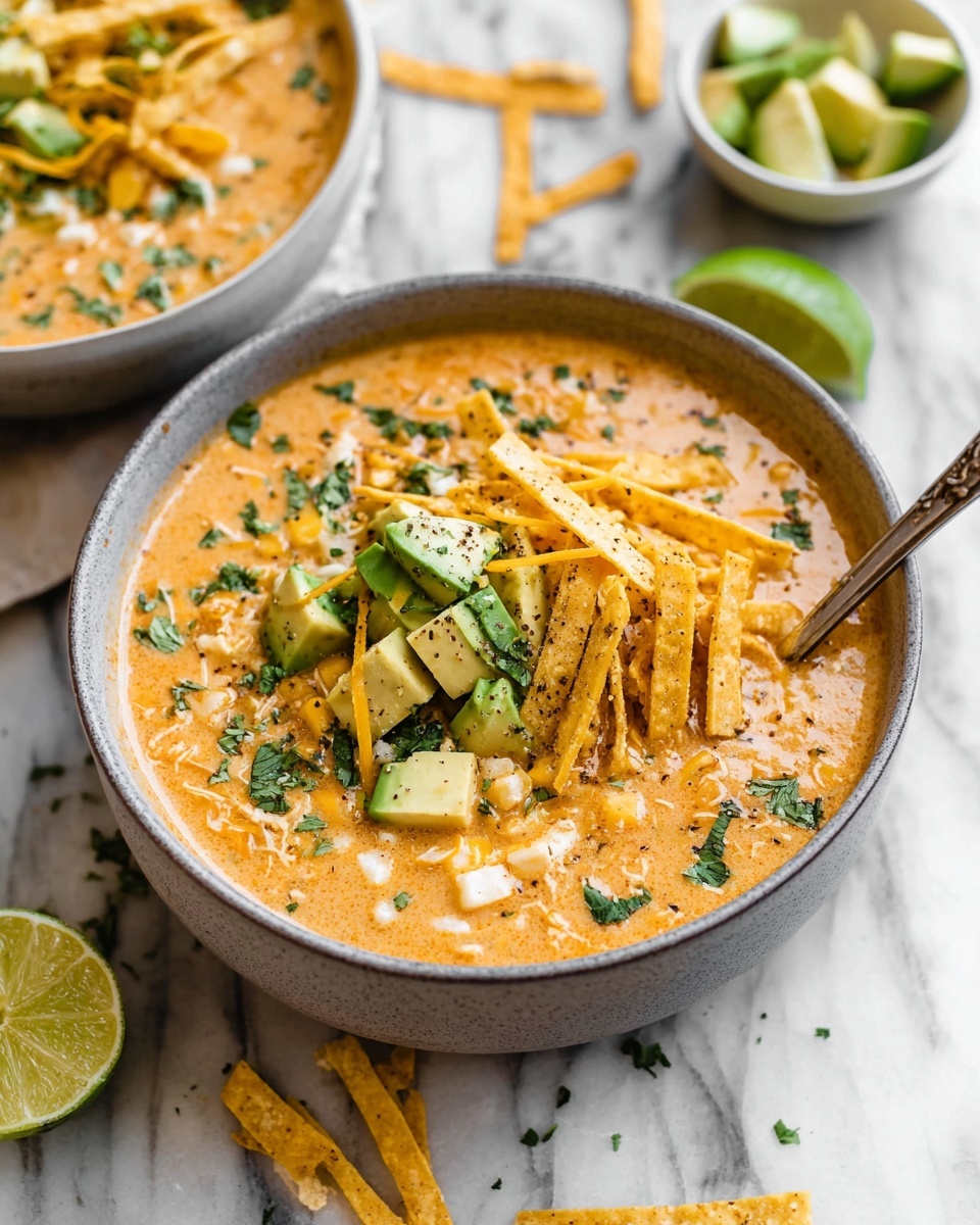 The image shows a white bowl filled with creamy orange soup that has a smooth texture with small bits inside. On the soup's surface, there are scattered pieces of green avocado, shredded light yellow cheese, thin strips of golden tortilla chips, and small green cilantro leaves, giving it a fresh and colorful look. The bowl is placed on a white marbled surface, surrounded by halved limes and extra avocado pieces on the side. A woman's hand is reaching toward the bowl from the top right corner. Photo taken with an iphone --ar 4:5 --v 7