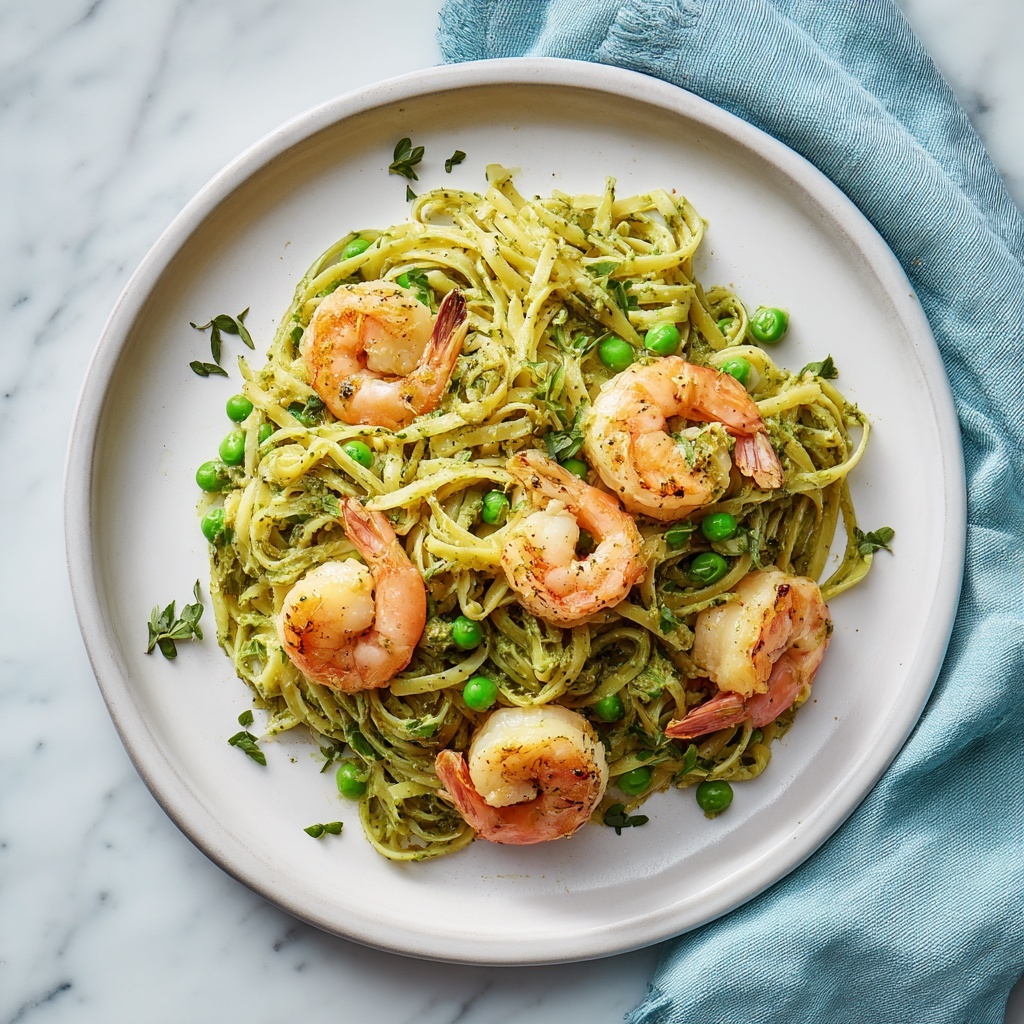 A white plate filled with three main layers: first, a bed of thick spaghetti noodles cooked and mixed with a green pesto sauce giving them a bright green color and slightly oily texture; second, scattered on top are several light pink shrimp, slightly curled with a tender texture and some pieces of bright green peas adding small pops of color; third, mixed throughout are chunks of darker green vegetables, possibly broccoli or similar, adding a rough texture. The plate sits on a white marbled surface with a soft striped cloth beside it. Photo taken with an iphone --ar 4:5 --v 7