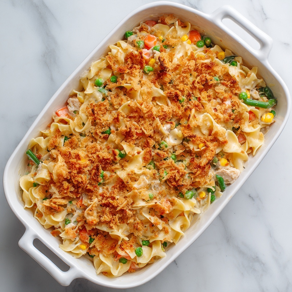 The image shows a white plate filled with creamy pasta layers. The first layer is curly egg noodles with a smooth, light yellow color. Mixed inside are small cubes of orange carrots, green peas, and light-colored chicken pieces. The top layer is a light brown, slightly crispy breadcrumb topping. The plate sits on a white marbled surface with a soft cloth at the lower right corner. Photo taken with an iphone --ar 4:5 --v 7