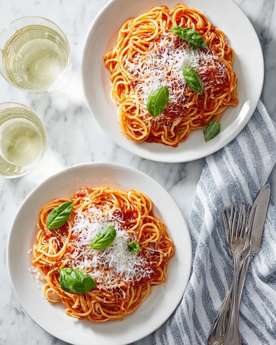 A white plate filled with spaghetti covered in red tomato sauce, topped with grated white cheese evenly spread over the pasta, and fresh bright green basil leaves placed on top in several spots. The plate is on a white marbled surface. Photo taken with an iphone --ar 4:5 --v 7