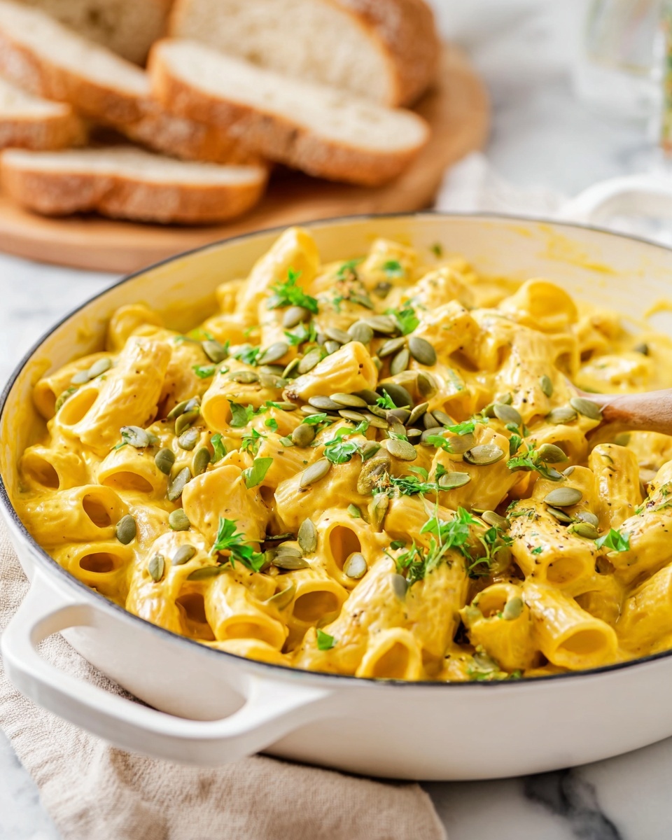 The image shows a white pan filled with creamy yellow pasta, made of short tube shapes coated evenly in a smooth sauce. The pasta is sprinkled with fresh green herbs and a few green pumpkin seeds scattered across the top. The pan sits on a white marbled surface, with a beige cloth partially visible beneath the pan's handle. In the background, blurred slices of light brown bread rest on a wooden board. The overall scene looks bright and inviting. photo taken with an iphone --ar 4:5 --v 7