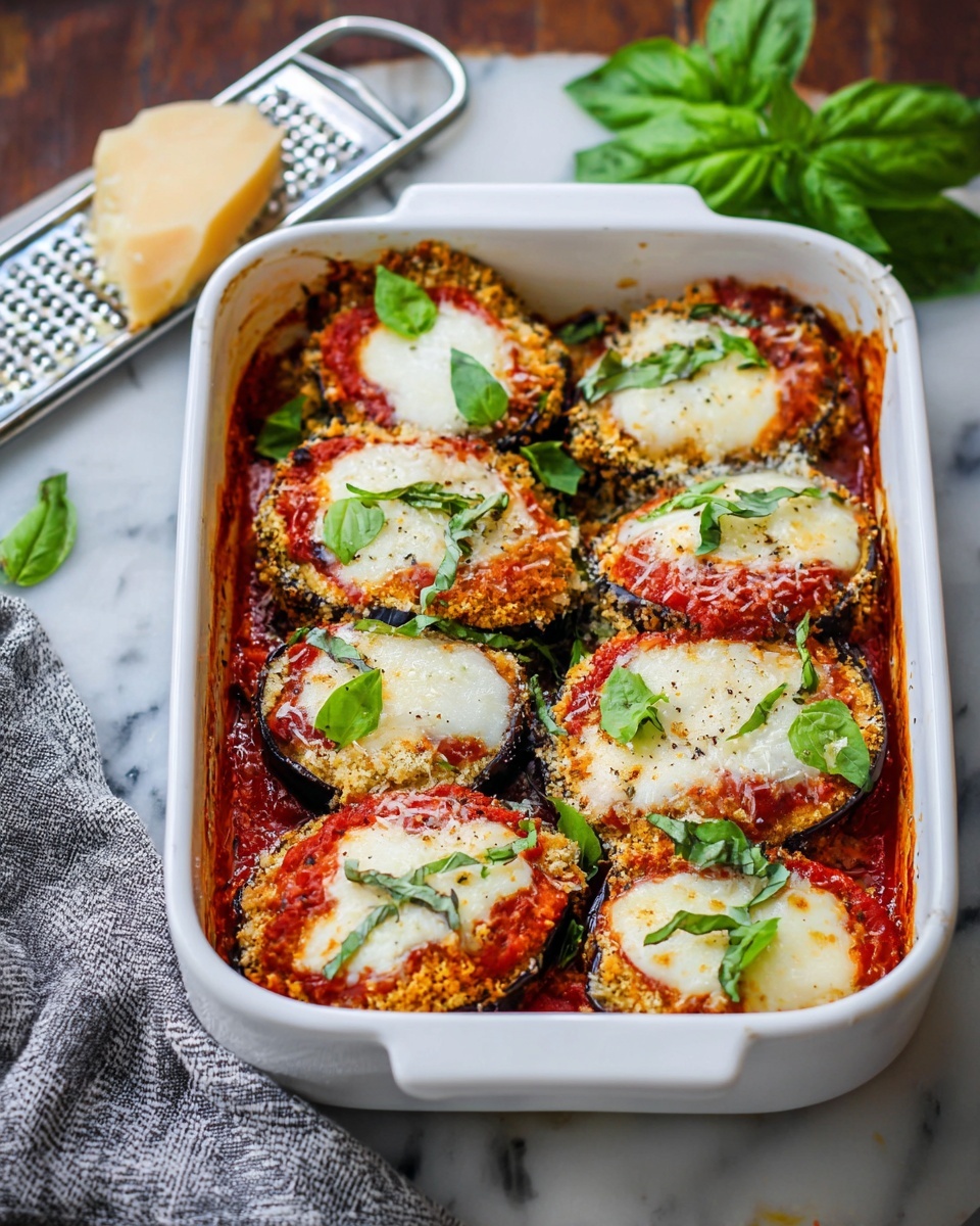 The dish shows a white baking dish filled with six round pieces of eggplant layered with a crunchy golden-brown breadcrumb crust at the bottom, topped with a red tomato sauce layer, a smooth white melted cheese layer, and sprinkled with fresh green basil leaves. The layers create a colorful contrast of brown, red, white, and green. Around the dish on a white marbled surface, there is a gray cloth, a metal grater, a wedge of hard pale-yellow cheese with paper wrapping, and fresh green basil leaves. Photo taken with an iphone --ar 4:5 --v 7