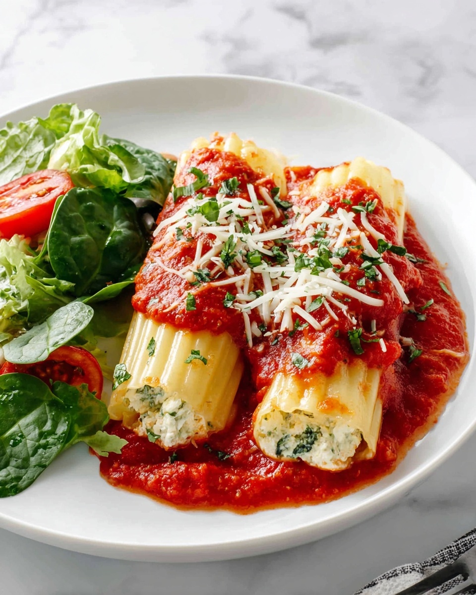 The image shows a white baking dish filled with a layer of bright red tomato sauce covering the bottom. On top, there are about seven large pasta tubes, each filled with a creamy white cheese mixture speckled with green herbs. The pasta has a yellow color with ridged edges and is arranged neatly in a row. Each pasta tube is topped with more chunky tomato sauce and sprinkled with white shredded cheese and fresh green basil leaves. The baking dish is placed on a white marbled surface. photo taken with an iphone --ar 4:5 --v 7