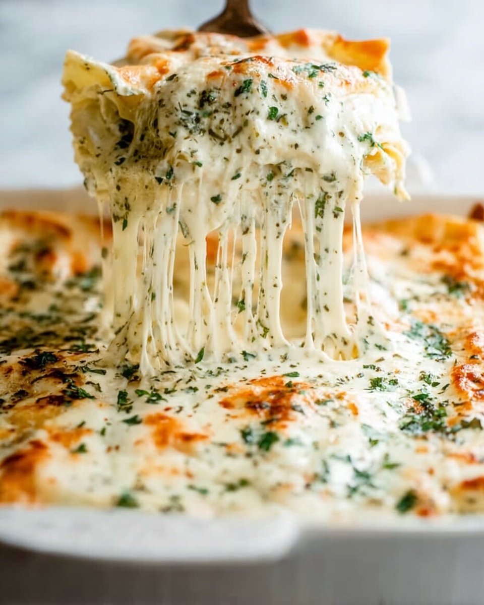 The image shows a close-up of a white baking dish filled with creamy white cheesy lasagna. There are several layers visible: a bottom layer of flat pasta sheets, a thick middle layer of melted white cheese with stringy, gooey texture, and sprinkled green herbs on top. A woman's hand is lifting a piece with a fork, and the melted cheese stretches between the dish and the lifted piece. The dish sits on a white marbled surface. The top has melted cheese with some browned spots and green herb bits scattered evenly. photo taken with an iphone --ar 4:5 --v 7