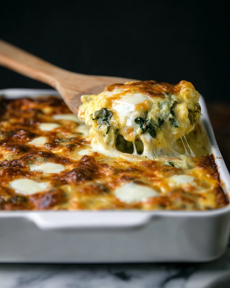 A baked dish in a white rectangular casserole dish filled with a thick, golden-yellow top layer that looks soft and slightly browned, dotted with patches of melted white cheese. Below the top layer, bits of green leafy vegetables peek through, adding color contrast. A wooden spatula lifts a generous portion from the corner, showing the creamy, dense texture inside with melted cheese stretching slightly. The surface under the casserole is a white marbled texture and the background is dark, making the dish stand out. Photo taken with an iphone --ar 4:5 --v 7