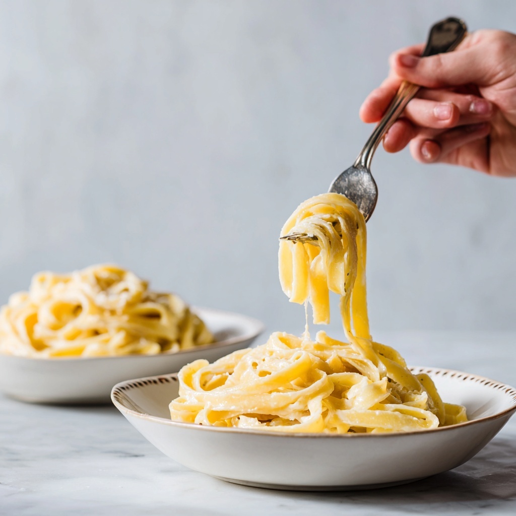 A close-up image of plain fettuccine pasta with a creamy yellow sauce, twisted around a silver fork held by a woman's hand on the left side. The pasta sits in a white bowl with a subtle decorative edge. The fettuccine strands are layered loosely and have a smooth, slightly shiny texture. In the blurred background, there is another white bowl with more pasta, all placed on a white marbled surface. Photo taken with an iphone --ar 4:5 --v 7