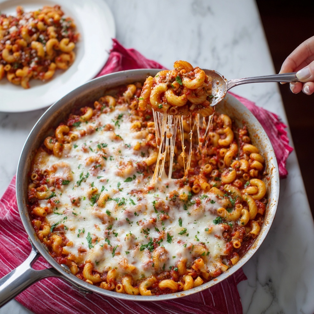 A round pan filled with a baked pasta dish featuring spiral pasta mixed with a red tomato sauce and browned ground meat. Melted white cheese patches spread unevenly across the surface, with a topping of chopped fresh green herbs scattered over it. The pan sits on a wooden board with a green and white striped cloth nearby. To the left is a white plate with a fork resting on it, and a spoon with some cheese crumbs is placed to the right. The background is a white marbled surface covered partly by a red cloth with a white pattern photo taken with an iphone --ar 4:5 --v 7