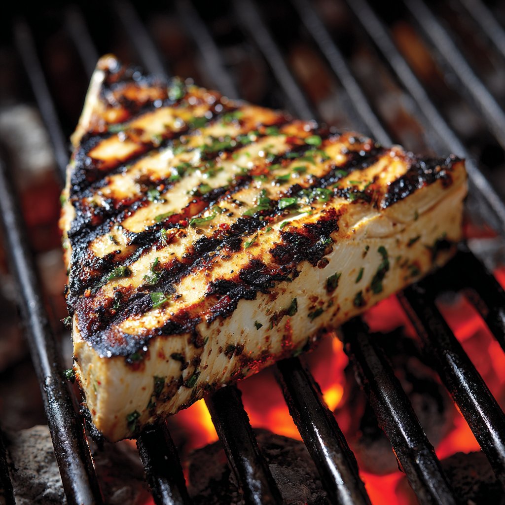A white plate with gold patterns holds one grilled, thick, circular piece of meat with charred marks and a slightly rough texture. To the top right of the meat, there is a bright yellow lemon wedge, and next to it, fresh green herb sprigs with small leaves. The plate sits on a white marbled surface. photo taken with an iphone --ar 4:5 --v 7