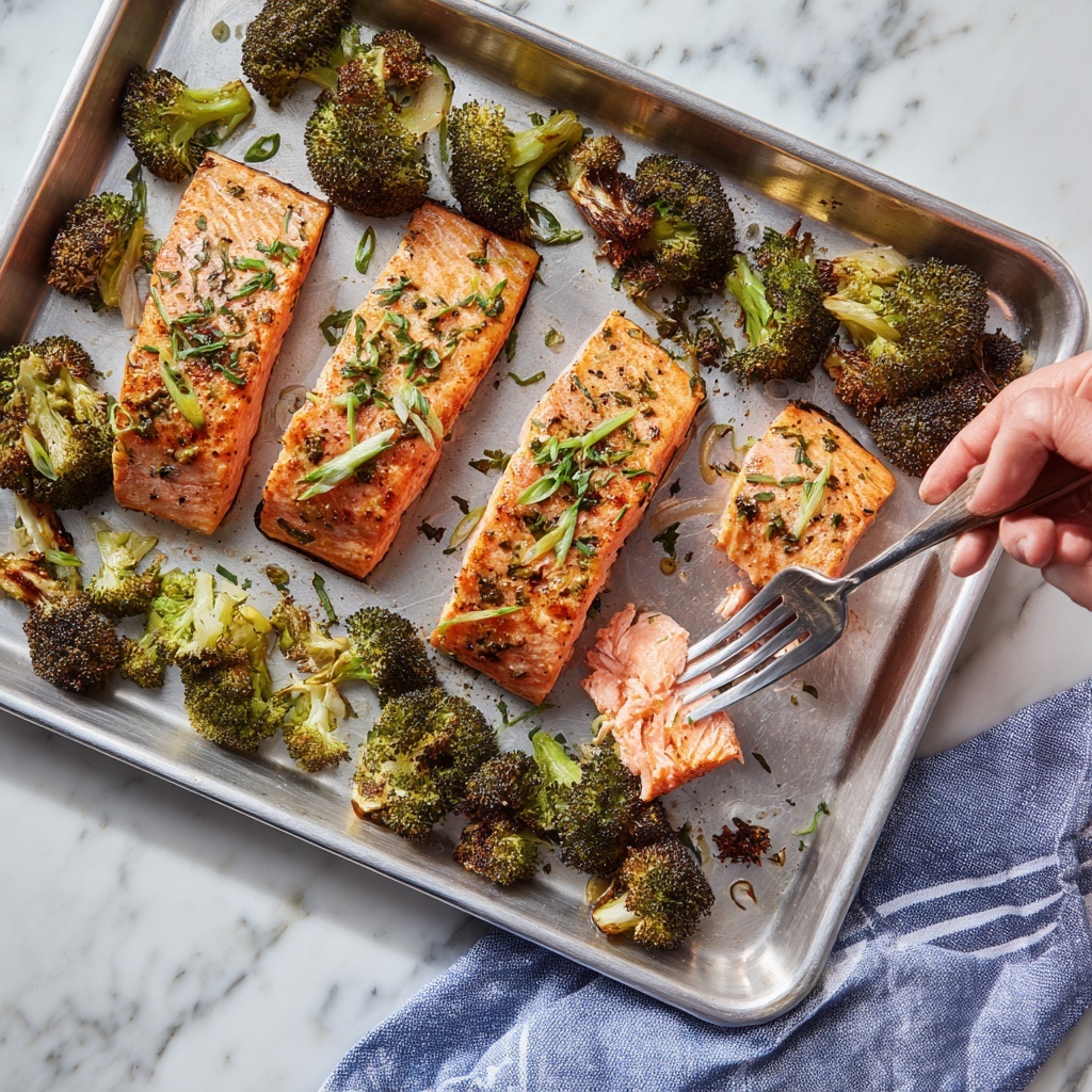 A silver baking tray holds four rectangular pieces of grilled salmon, evenly spaced in the center. Each piece has a crispy, dark golden-brown crust with some blackened spots, showing a well-cooked texture. Around the salmon, there are scattered pieces of roasted broccoli, with charred dark green florets and light green stems giving a slightly burnt look. The tray rests on a white marbled surface, enhancing the colors of the food against the light background. photo taken with an iphone --ar 4:5 --v 7