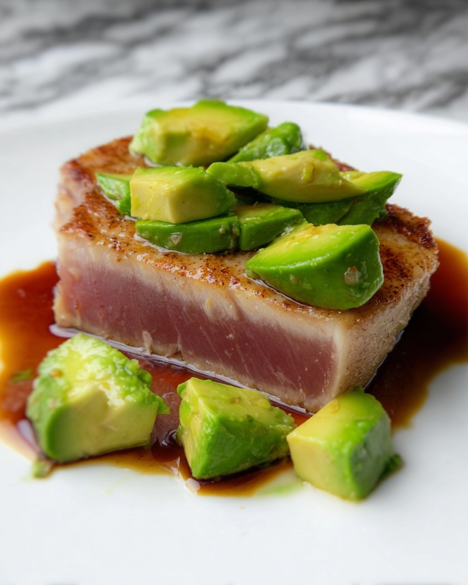 A white plate holds a thick piece of tuna steak cooked with a brown, slightly crispy top layer and a pink middle layer showing it is lightly cooked. On top of the tuna are several bright green chunks of avocado, cut into medium cubes with smooth, creamy textures. Around the plate near the tuna, a few more small avocado cubes rest on a thin drizzle of dark brown sauce. The background and surface beneath the plate have a white marbled texture. photo taken with an iphone --ar 4:5 --v 7