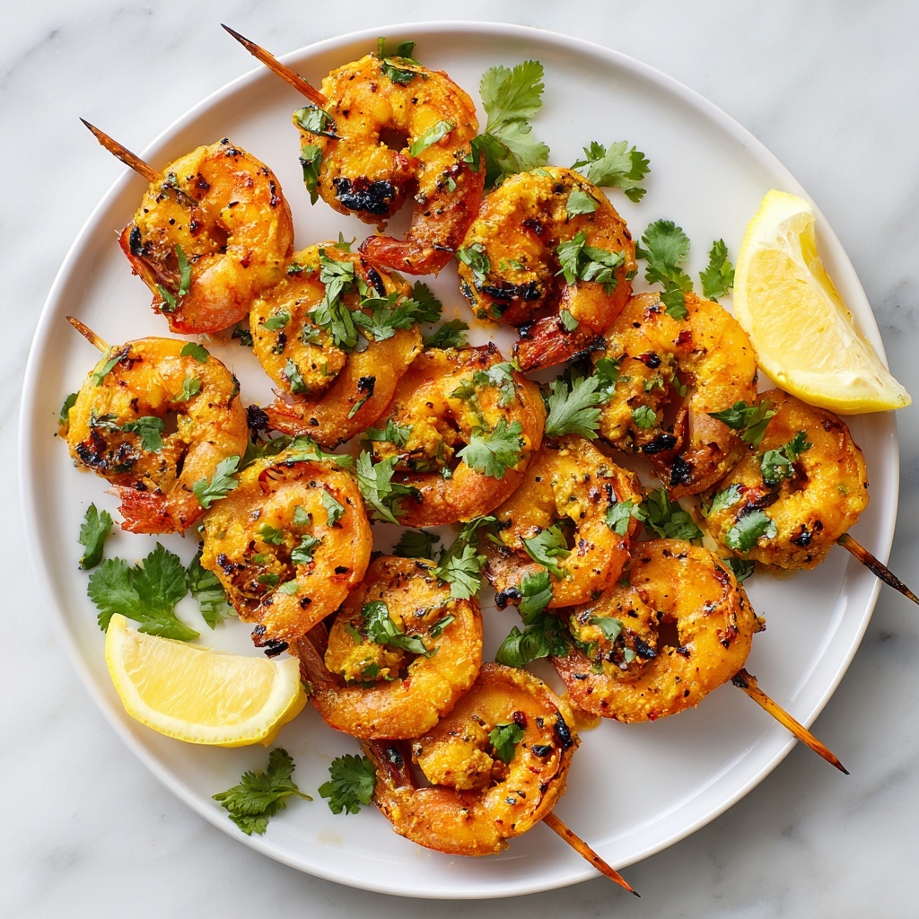 A white plate with a thin gold rim holds three skewers of orange-brown roasted shrimp, each shrimp having a slightly charred, spiced texture, garnished with fresh green cilantro leaves scattered on top and around. There are four yellow lemon wedges placed between the skewers for color contrast. The plate sits on a crumpled yellow cloth on a white marbled surface with speckles. To the right, a white round bowl filled with white rice mixed with chopped green herbs, and a silver spoon resting in the rice. photo taken with an iphone --ar 4:5 --v 7