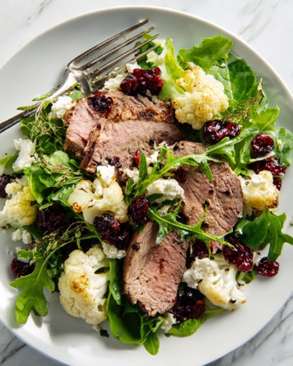 The image shows a white plate filled with a colorful salad topped with two slices of cooked meat. The bottom layer consists of crunchy roasted cauliflower pieces with light brown spots and dark dried cranberries scattered around. Above this is a mix of fresh green arugula leaves adding a leafy texture. On top right side, two medium-thick slices of pinkish cooked meat with a light crust are placed next to a silver fork on the plate's edge. The whole scene is set on a white marbled surface, giving a clean and fresh look. Photo taken with an iphone --ar 4:5 --v 7