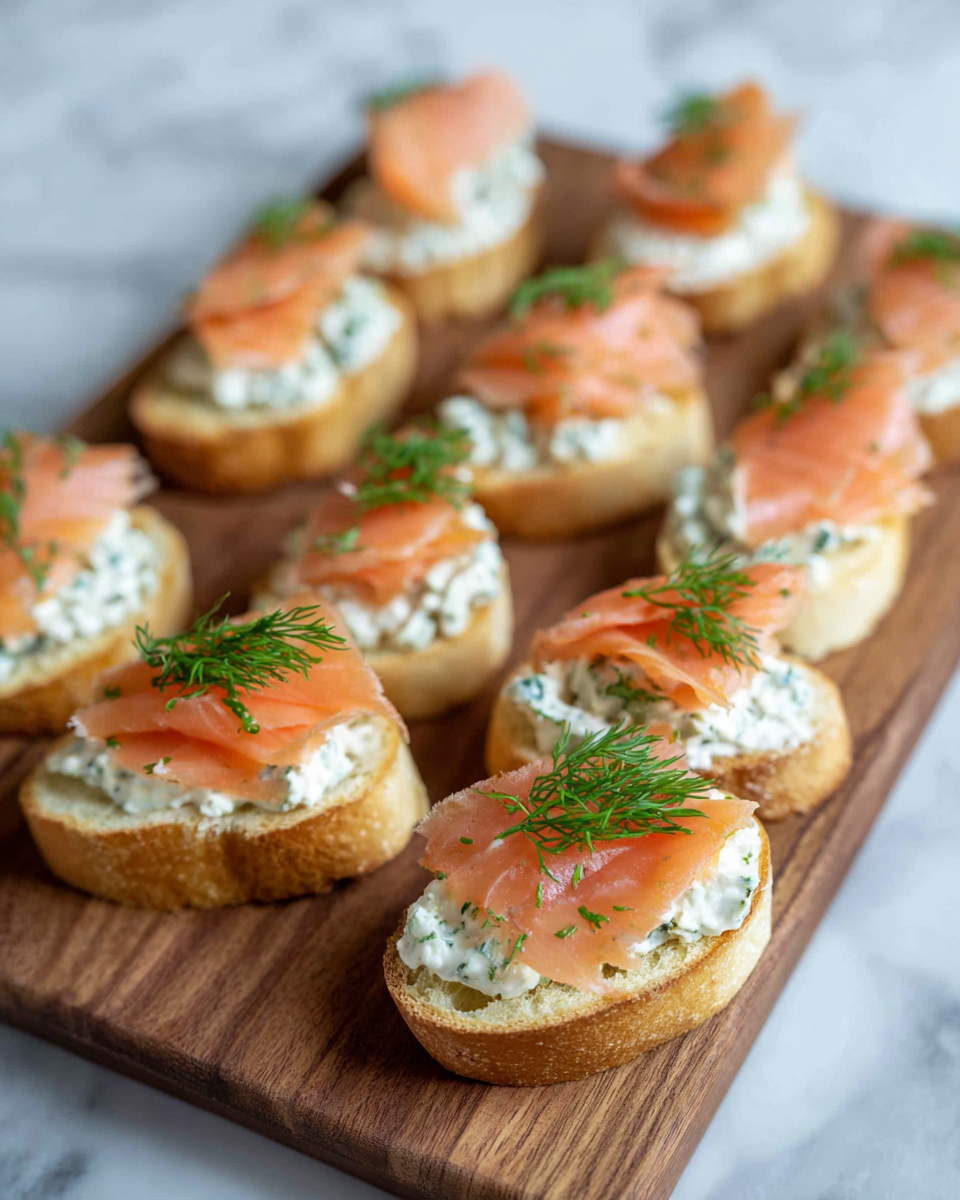 A wooden board holds multiple small appetizers, each with three visible layers: a light golden toasted bread base, a thick layer of creamy white spread with green herbs mixed in, and a folded slice of orange-pink smoked salmon on top. Each piece is garnished with a small sprig of fresh green dill. The board is placed on a white marbled surface. photo taken with an iphone --ar 4:5 --v 7