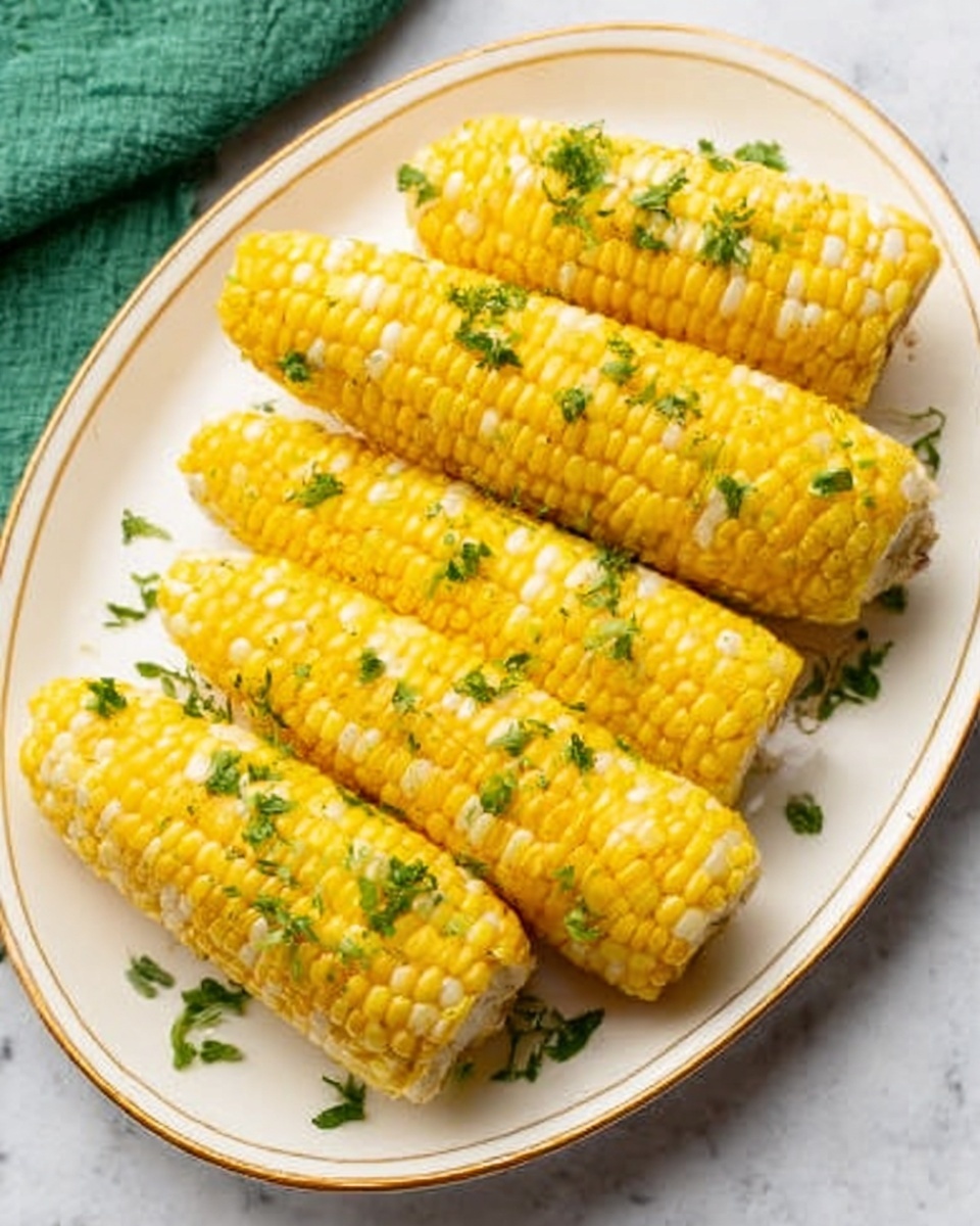 The image shows four cooked corn on the cob pieces placed parallel on a white oval plate with a thin gold rim. The corn kernels are bright yellow with some patches of pale yellow, and small green herbs are sprinkled on top and around the corn. The plate is on a white marbled surface, and a green cloth is partially visible in the upper left corner. The texture of the corn is smooth and plump. Photo taken with an iphone --ar 4:5 --v 7
