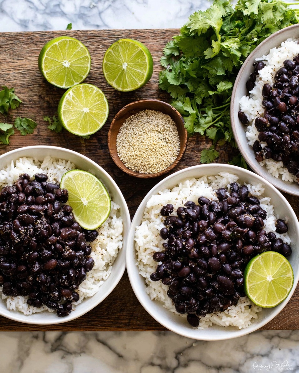 Three white bowls each have two main layers: a base layer of white rice with a soft, fluffy texture, and a thick top layer of dark black beans that look shiny and slightly wet. Each bowl has a small bright green lime wedge on the side, adding a fresh color contrast. In the middle of the wooden surface are two halved limes with a juicy interior, a small bowl filled with beige spices or seasoning, and some fresh green cilantro leaves. The whole setup is on a white marbled texture surface, with natural light bringing out the colors clearly. photo taken with an iphone --ar 4:5 --v 7