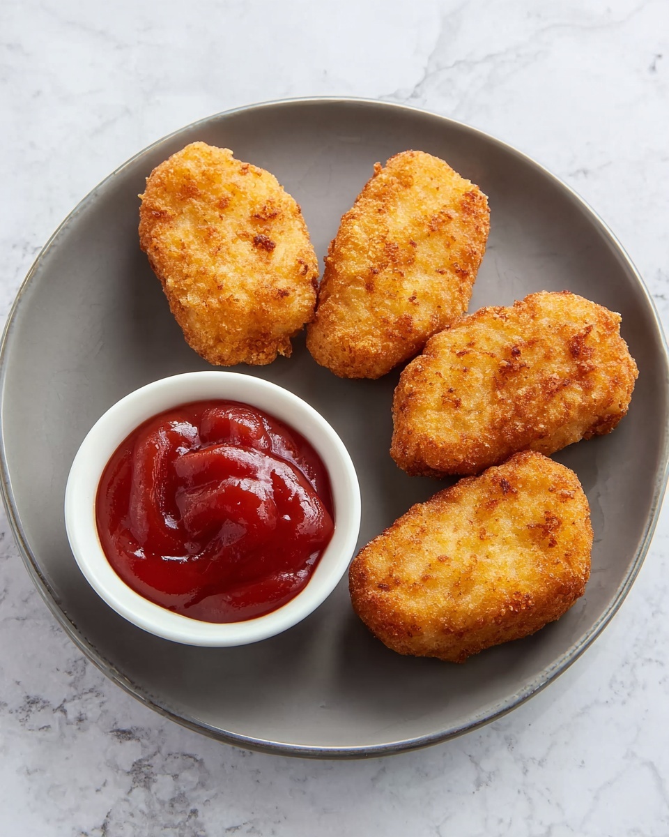 A round white plate sits on a white marbled surface, holding four oval-shaped golden brown fried nuggets arranged around a small white bowl filled with smooth red ketchup. The nuggets have a crispy texture with uneven golden patches. The bowl of ketchup is placed near the bottom left of the plate, with the nuggets evenly spread above and around it. The scene is simple and clean, focusing on the warm colors of the food. photo taken with an iphone --ar 4:5 --v 7