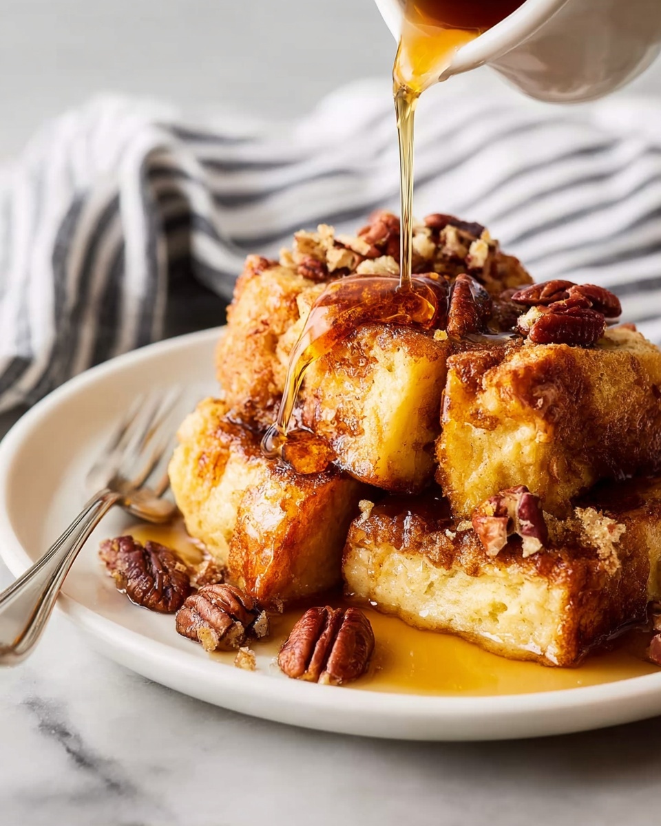 The image shows a white plate with a stack of four large, square bread pieces that are golden brown and slightly crispy on top while soft inside. Scattered around and between the bread pieces are dark brown pecan halves adding texture. A thick amber syrup is being poured slowly over the bread, glistening as it flows and pools. A silver fork rests on the front left side of the plate. The plate is on a white marbled texture surface, with a striped cloth visible softly blurred in the background. photo taken with an iphone --ar 4:5 --v 7