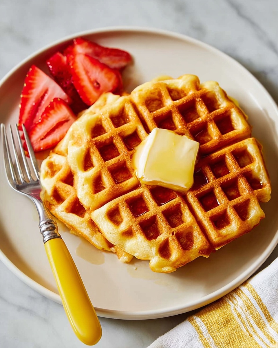 Two golden brown waffles with a grid pattern are stacked slightly off-center on a white plate. A small dollop of melting butter sits on the top waffle, with some fresh red strawberry slices arranged beside the waffles on the left. A shiny silver fork with a yellow handle is placed to the left edge of the plate. The plate sits on a white marbled surface, and a white and yellow striped cloth is partially visible on the lower right corner. photo taken with an iphone --ar 4:5 --v 7