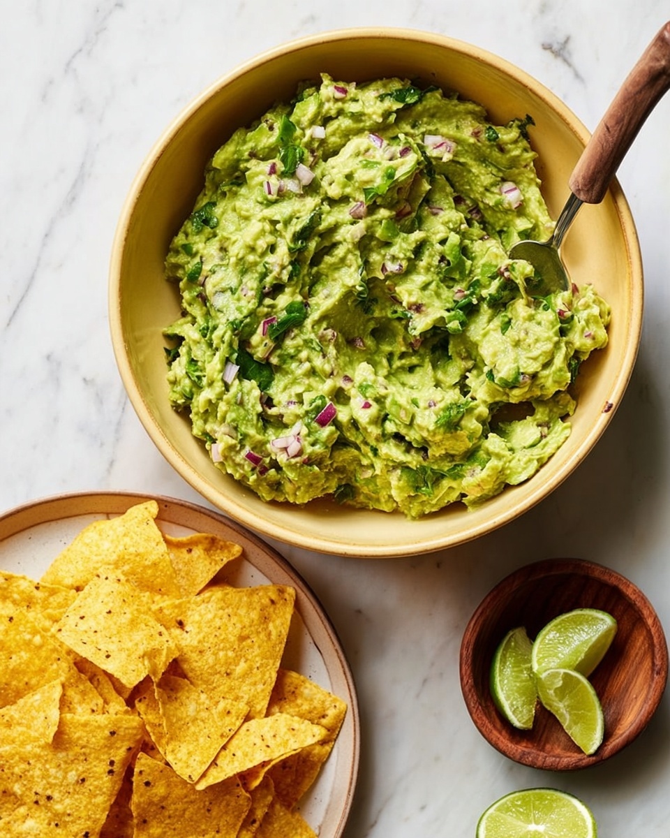 A yellow bowl filled with chunky green guacamole mixed with small pieces of red onion and cilantro. A woman's hand is holding a triangular yellow tortilla chip dipped into the guacamole. Next to the bowl, there are several whole tortilla chips and a small white marbled plate with four sliced lime wedges. The background is a white marbled surface. Photo taken with an iphone --ar 4:5 --v 7