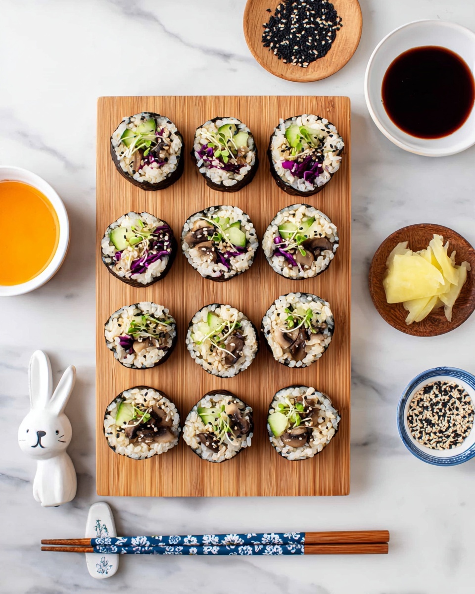 The image shows a round white plate holding eight sushi rolls arranged in a circle with one roll in the center. Each roll has a dark seaweed outer layer, filled with light brown rice, small green pieces of avocado, and purple cabbage inside. Small green sprouts are scattered on top of some rolls and around the plate. To the top right, a woman's hand is using wooden chopsticks to pick up one sushi roll. Around the plate, there are small white bowls with orange sauce, pickled ginger, and black and white sesame seeds. All items rest on a white marbled surface. photo taken with an iphone --ar 4:5 --v 7