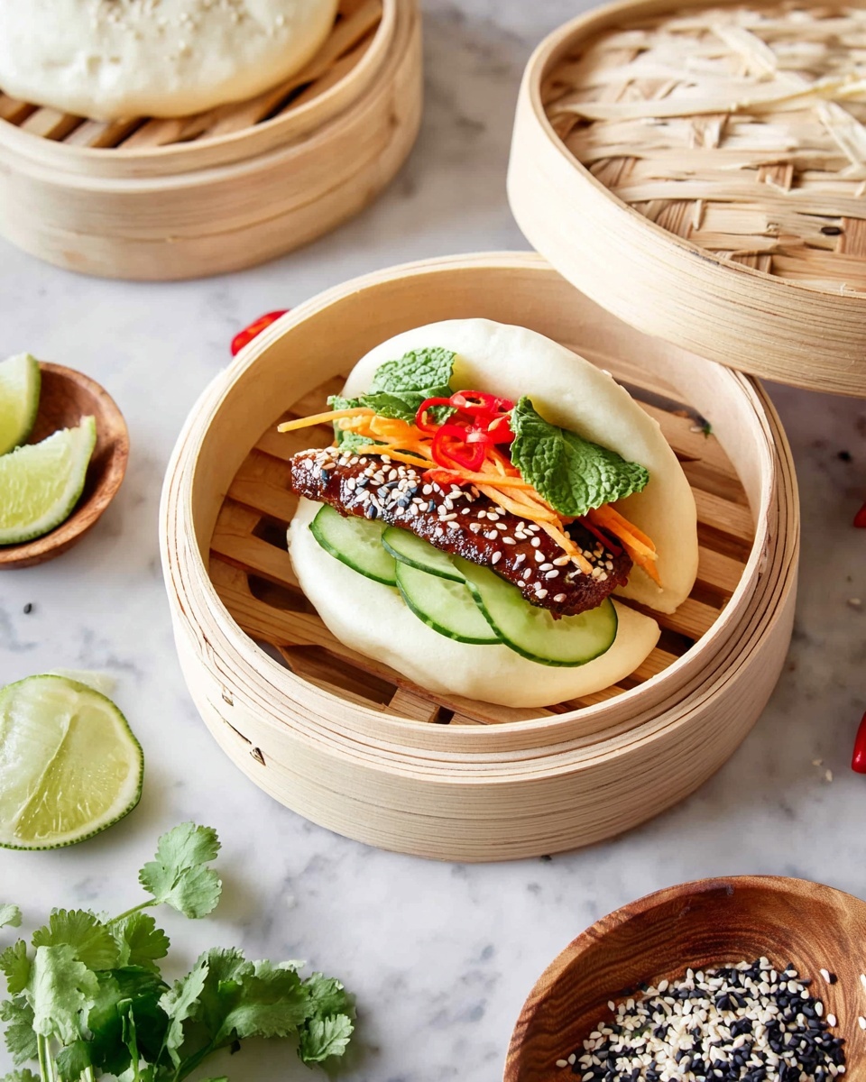 A steamed white bun is open to show layers inside: green mint leaves at the bottom, followed by thin slices of light green cucumber, then a brown, glazed piece of meat sprinkled with white and black sesame seeds. On top, there are thin orange carrot strips and small red chili slices. The bun is soft, round, and fluffy with a pale cream color. The bun and its filling sit inside a light wooden steamer basket on a white marbled surface, with more buns stacked beside it. Around the basket are lime wedges, fresh cilantro, red chili peppers, and a small wooden dish holding black and white sesame seeds. Photo taken with an iphone --ar 4:5 --v 7