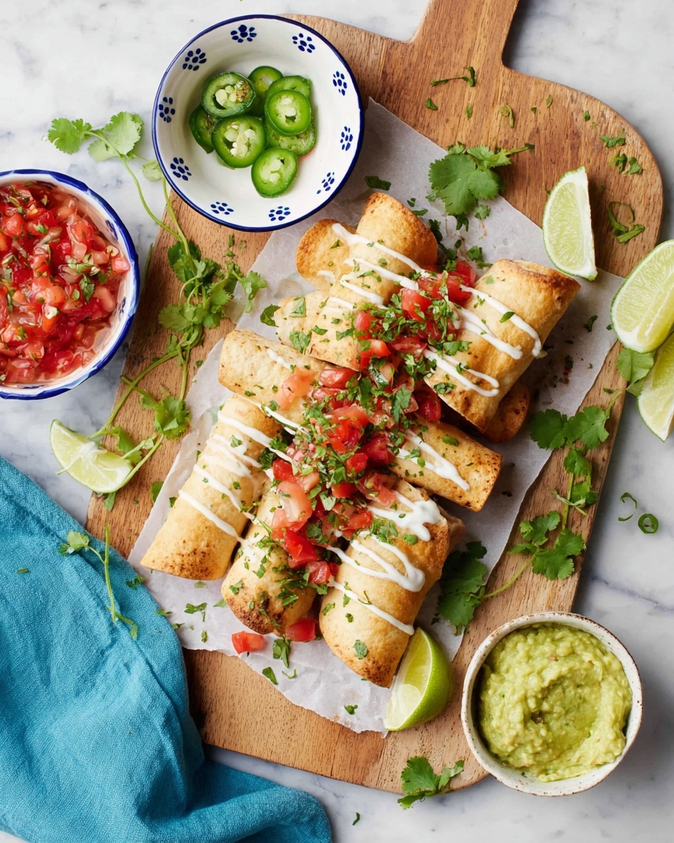 Four rolled light brown tortillas with small grill marks are placed close together on white parchment paper over a white marbled surface. Each tortilla is topped with a zigzag of white sauce, finely chopped green herbs, diced red tomatoes, and small pieces of white onion scattered on top. Around the tortillas, there are lime wedges, green cilantro leaves, and a small light blue bowl filled with green guacamole and a small white bowl with a colorful mix of diced red tomatoes, green peppers, and white onions. In the top left corner, a woman's hand holds a white plate with small blue heart designs on the edge, holding sliced green jalapeños. photo taken with an iphone --ar 4:5 --v 7