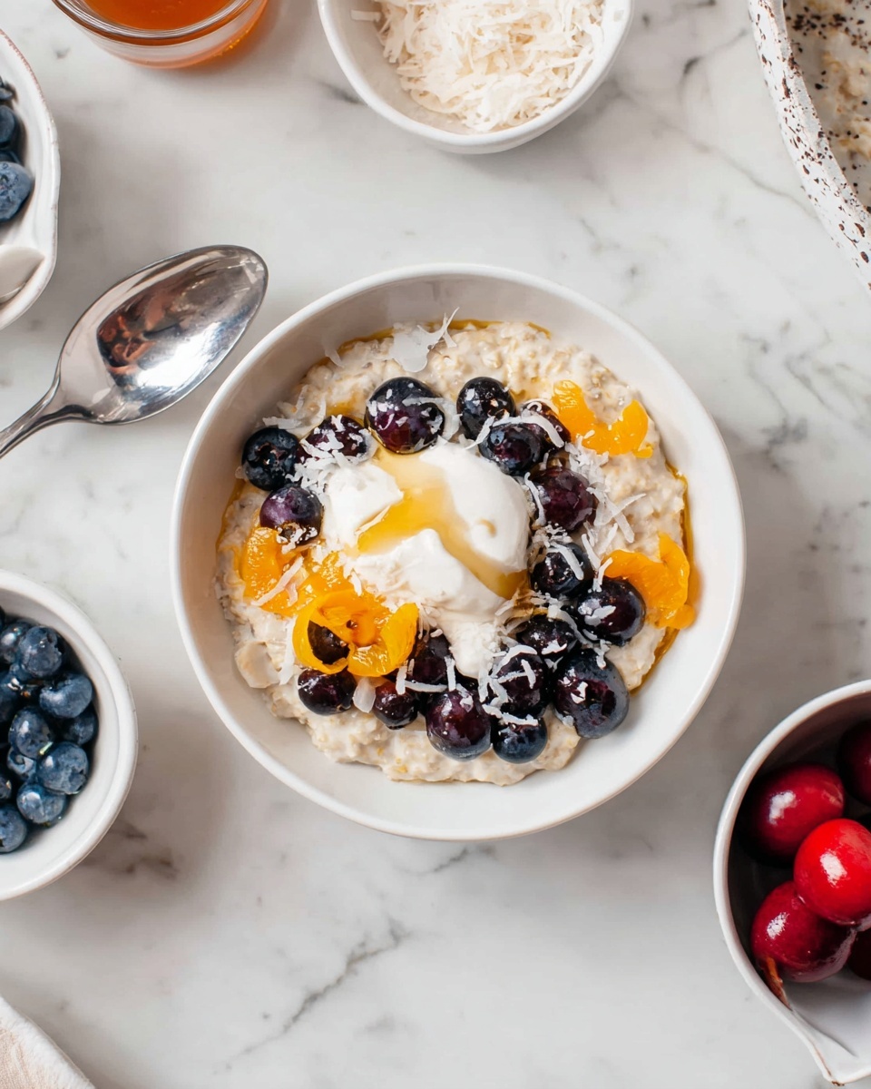 A white bowl sits on a white marbled surface with a soft beige oatmeal base filling the bowl. On top, there is a layer of halved dark red cherries clustered on one side, next to thin slices of pale yellow apple with red edges arranged in a curved stack. Scattered over the oatmeal and fruit are small chunks of light brown almonds. A detailed silver spoon stands inside the bowl on the right side, partially sunk into the oatmeal. Around the bowl, on the white marbled surface, are a small white container with more dark red cherries, a wooden scoop holding whole almonds, and a striped light cloth napkin. A small white pouring cup with amber syrup is placed to the upper left of the bowl. photo taken with an iphone --ar 4:5 --v 7