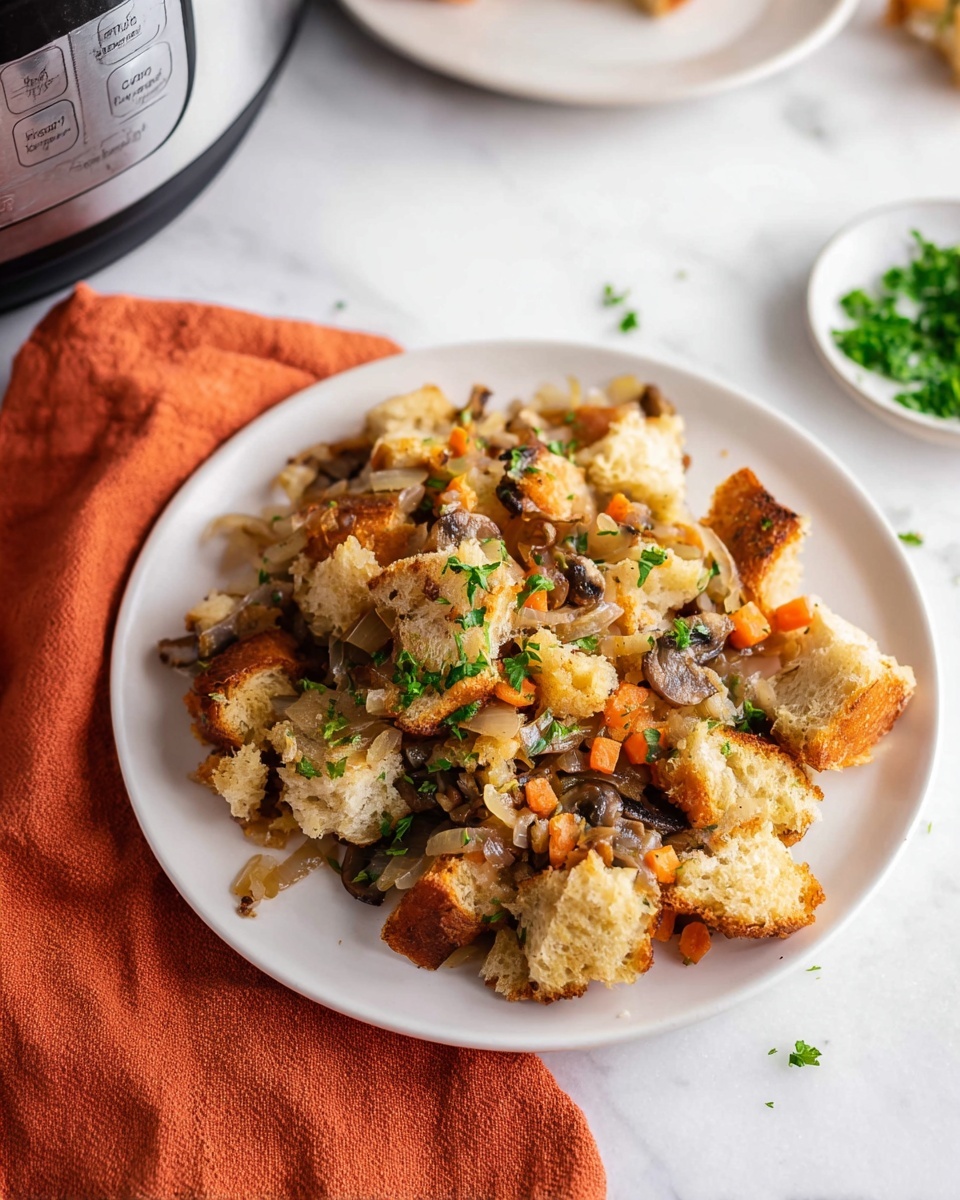 A black slow cooker bowl filled with a mixture of layered stuffing ingredients, featuring roughly torn pieces of golden, lightly toasted bread scattered on top. Among the bread layers are small diced orange carrots, pale green celery, and finely chopped white onions. Fresh green parsley leaves are scattered throughout, with two sprigs of fresh thyme resting on top near the center. A wooden spoon with a natural wood grain pattern is dipped into the mixture from the right side. The slow cooker rests on a white marbled surface. photo taken with an iphone --ar 4:5 --v 7