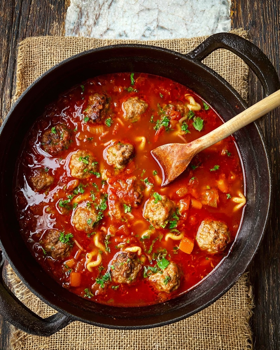 A close-up view of a white bowl filled with a rich, red tomato soup, showing several round meatballs floating near the top. The soup has small pasta pieces and chopped green herbs sprinkled throughout, with a textured, oily surface that reflects light. The meatballs are browned with a coarse texture and are scattered evenly. The bowl sits on a white marbled surface, highlighting the warm colors of the soup and meatballs. photo taken with an iphone --ar 4:5 --v 7