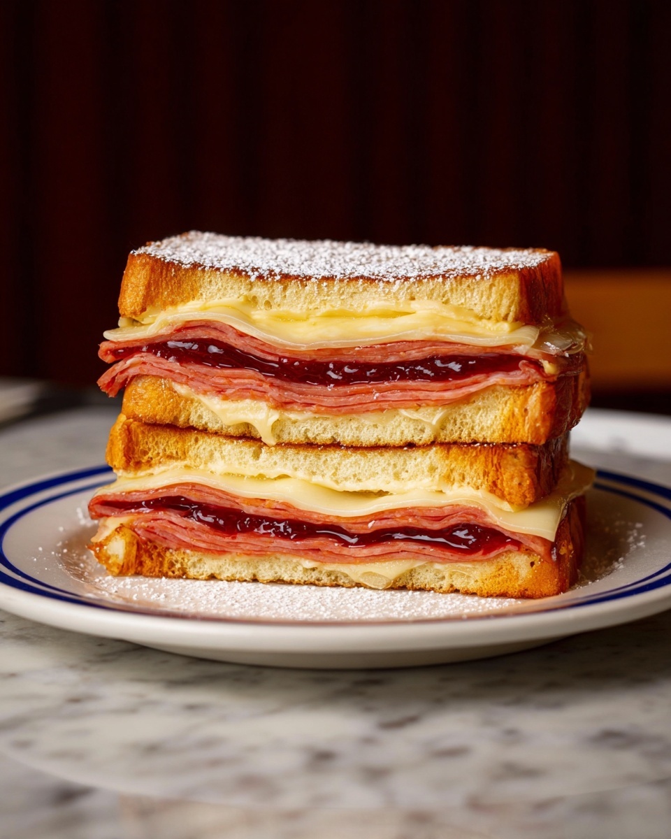 A close-up of a triangular sandwich held by a person's fingers, showing two thick layers of golden toasted bread with a slightly crispy texture on top, dusted with white powdered sugar. Between the bread layers, there are multiple folded slices of dark red meat and a thick, shiny red jam that looks sticky and glossy, oozing slightly from the sandwich edges. The background is a white marbled texture. photo taken with an iphone --ar 4:5 --v 7