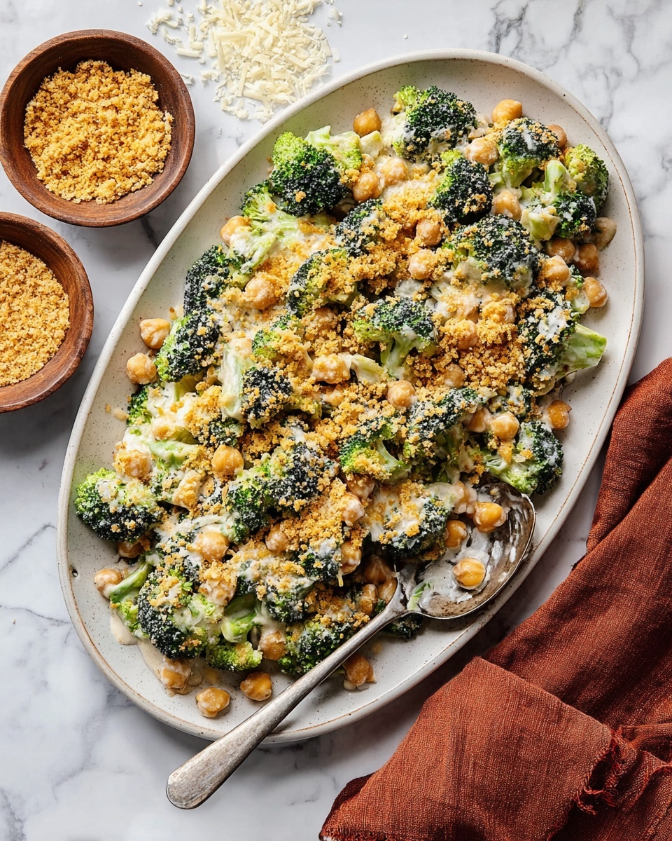 A large white oval plate sits on a white marbled surface, filled with a broccoli and chickpea dish covered in a creamy sauce and sprinkled with golden crunchy crumbs on top. The broccoli pieces are bright green and scattered evenly, mixed with small round light brown chickpeas. The creamy white sauce coats the vegetables evenly, creating a smooth texture that contrasts with the crumbly topping. A spoon and fork rest on the plate, partially covered by the food. On the side, there are two small brown bowls—one filled with golden crumbs and the other with grated cheese—and a reddish-brown cloth napkin lies nearby. Photo taken with an iphone --ar 4:5 --v 7