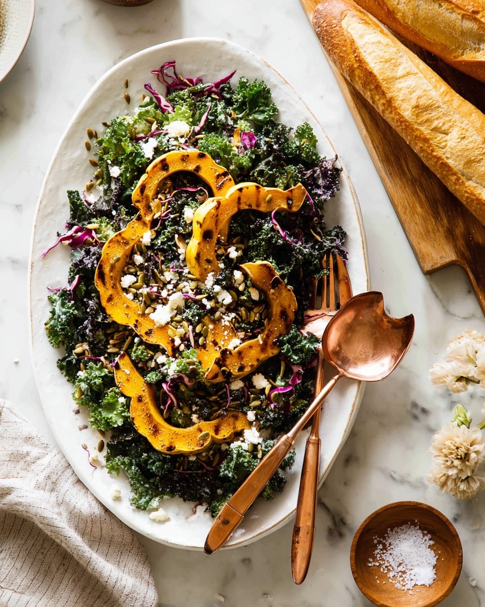 This image shows a white oval plate filled with a fresh salad on a white marbled surface. The bottom layer is bright green kale leaves that look fresh and curly. On top of the kale, there are thin orange carrot strips scattered around. Large pieces of roasted acorn squash with a golden-orange color and dark green edges are placed evenly on top. Small white crumbles of cheese are sprinkled all over the salad. There are also small brown sunflower seeds spread across the plate. Near the salad, a copper spoon is partly visible. The picture is close-up, clear, and bright, showing all textures and colors well. Photo taken with an iphone --ar 4:5 --v 7