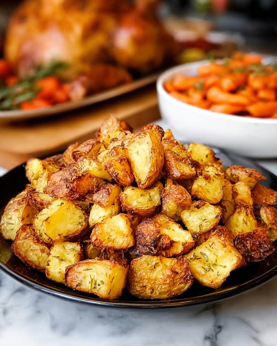 A black plate holds a heap of golden-brown roasted potato chunks, each piece showing crispy, textured edges and soft, light yellow insides. In the background, there is a whole roasted chicken with a golden, browned skin and a white bowl filled with orange roasted carrots topped with herbs. The scene is set on a white marbled surface. photo taken with an iphone --ar 4:5 --v 7