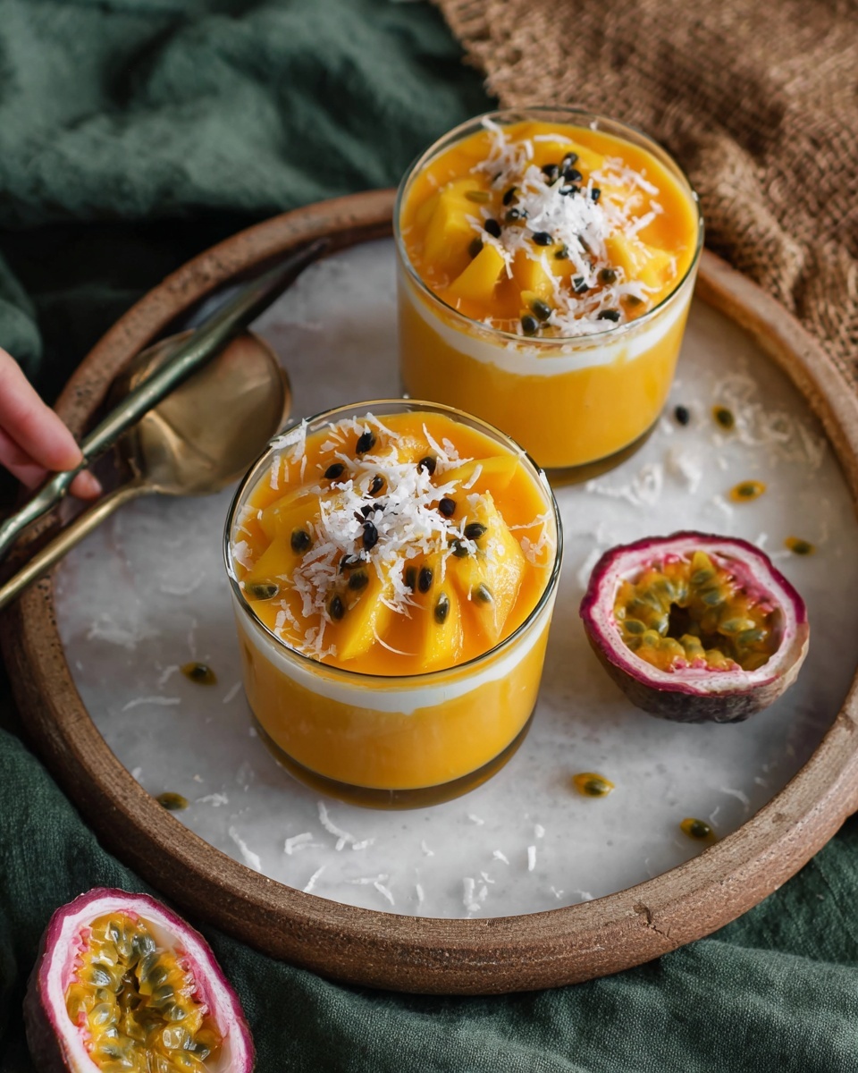 Two glass cups filled with three visible layers: the bottom layer is smooth bright orange puree, the middle layer shows slices of bright yellow mango, and the top layer is decorated with shredded white coconut, thin white coconut flakes, and small black passion fruit seeds scattered around. The cups are placed on a white marbled tray, which also holds an open passion fruit with yellow pulp and black seeds. A woman's hand with chopsticks is visible in the top corner. The background includes a green cloth and a brown woven texture. photo taken with an iphone --ar 4:5 --v 7