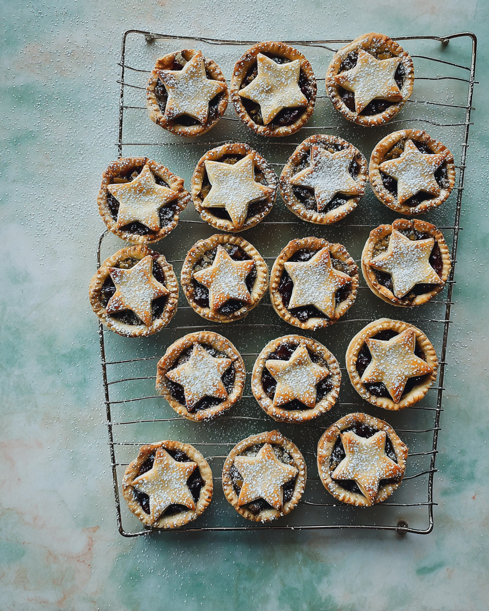 A metal cooling rack holds 28 small round pies arranged closely in rows. Each pie has a golden-brown crust with a star-shaped top crust that is dusted with white powdered sugar. The filling underneath the star tops is dark and slightly visible through the gaps. The rack is placed on a surface with a soft white marbled texture. Photo taken with an iphone --ar 4:5 --v 7