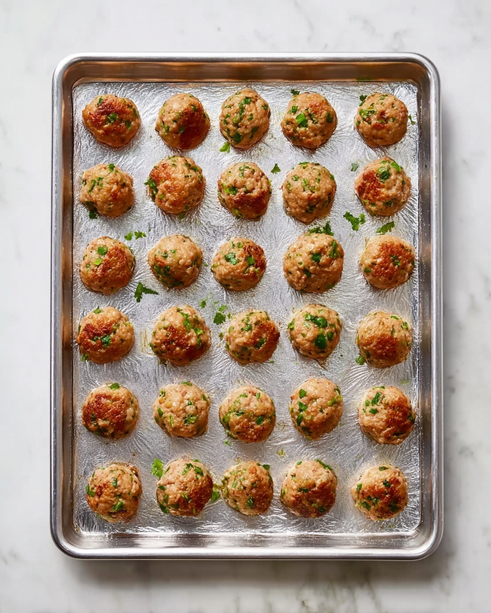 A metal baking tray lined with shiny silver foil holds 24 small round meatballs evenly spaced in a 4 by 6 grid. Each meatball is golden-brown with visible green herb pieces mixed in, showing a textured surface that looks slightly crispy in some spots. The tray is placed on a white marbled surface that has subtle gray veins. The light shines softly from above, highlighting the colors and textures of the meatballs. photo taken with an iphone --ar 4:5 --v 7