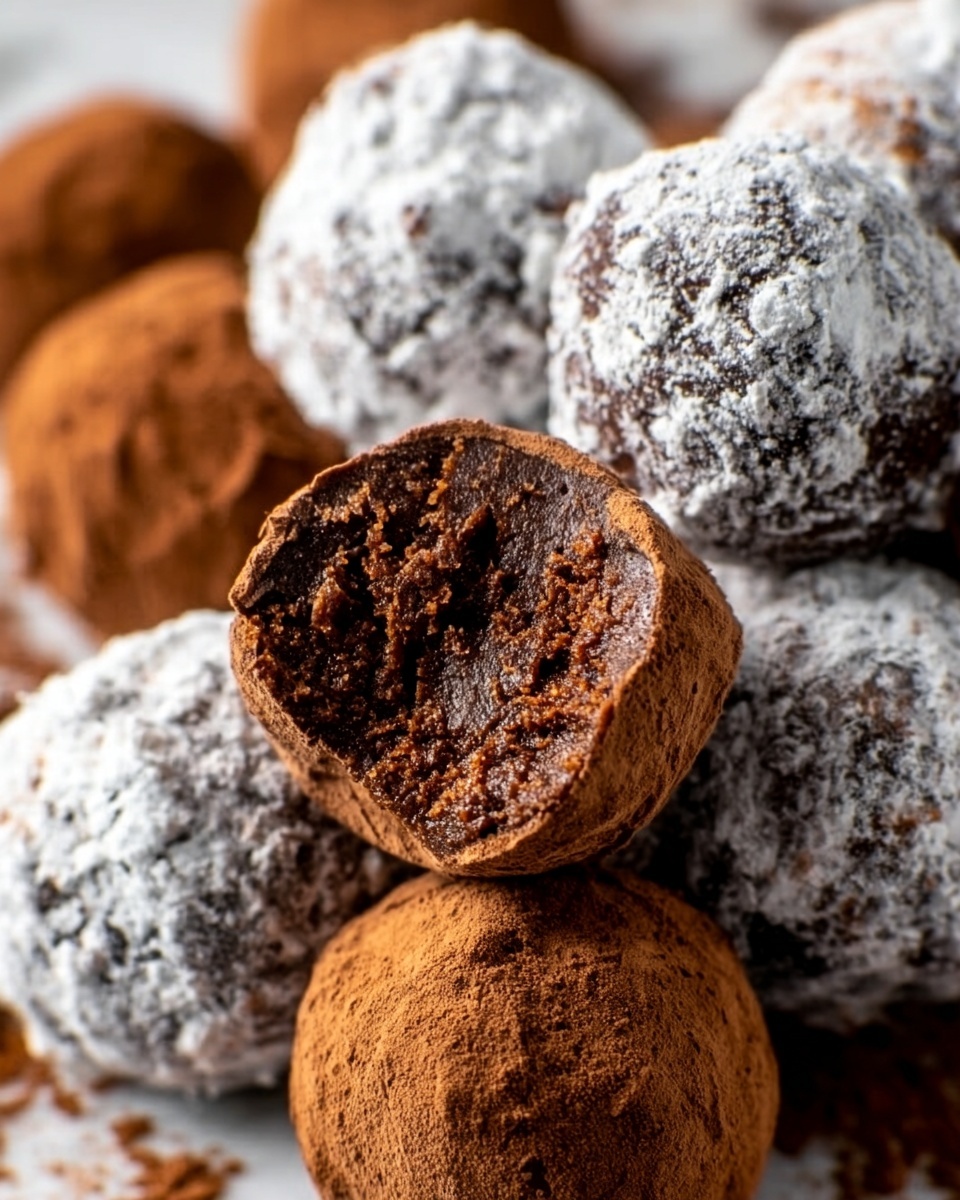 A close-up of several round chocolate truffles piled together on a white marbled surface, each having a rough texture and coated differently; the front left truffle is deep brown with a fine cocoa powder dusting, the right side has truffles covered in white powdered sugar giving a soft, snowy texture, and the top center truffle is sliced open to show a moist, dense, crumbly chocolate interior; all truffles have an uneven, rustic look. Photo taken with an iphone --ar 4:5 --v 7