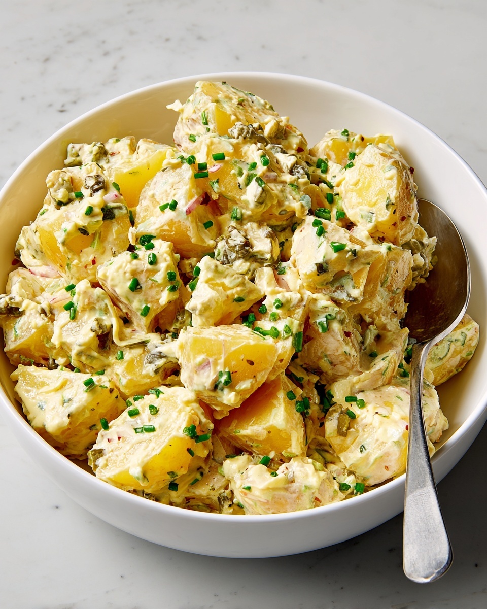 The image shows a white bowl filled with chunky potato salad. The salad has large, uneven yellow potato pieces covered in creamy, slightly yellowish dressing. Small green bits of chopped chives are scattered all over the potatoes, adding a fresh look. There are tiny pieces of what looks like pickles or herbs mixed in, giving texture variety. A silver spoon is placed inside the bowl on the right side. The bowl is placed on a surface with a white marbled texture. photo taken with an iphone --ar 4:5 --v 7