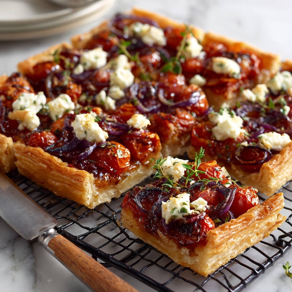 A rectangular puff pastry tart with thick, golden brown edges forms the base layer, topped with roasted whole cherry tomatoes that have a slightly wrinkled, deep red texture spread evenly across the surface. Scattered between the tomatoes are small, irregular pieces of creamy white goat cheese with light browning on top, mixed with thin slices of caramelized purple onions weaving through the layers. Sprigs of fresh green thyme lay lightly on top, adding a touch of natural color contrast. The tart rests on a black cooling rack placed over a white marbled surface, with a white plate stack and silver forks visible blurred in the background. Photo taken with an iphone --ar 4:5 --v 7