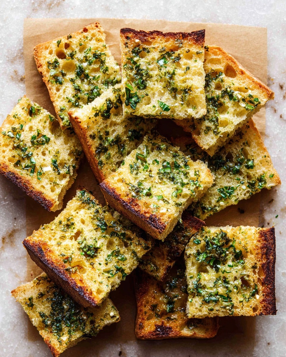 The image shows a white plate filled with several pieces of toasted garlic bread stacked on top of each other. Each piece has a golden-brown crust with a slightly crispy texture and a soft center covered in green herbs and melted cheese, giving a mix of yellow, green, and white colors. The cheese is sprinkled evenly on top, creating a snowy effect. The plate is placed on a white marbled surface, and there are some garlic cloves and a chunk of cheese nearby in the background. photo taken with an iphone --ar 4:5 --v 7