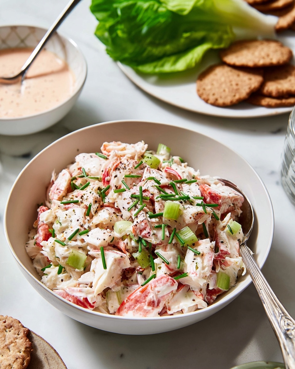 A white plate filled with a layered mix of thin shredded crab sticks with red and white colors on top, and light creamy sauce coating the pieces throughout. Small green chives are sprinkled evenly over the dish, adding a fresh color contrast. A silver fork rests inside the plate on the right side. The plate is placed on a white marbled surface, surrounded by small white bowls; one holds more chopped green chives, and another contains a creamy dressing with a spoon. A wooden cutting board with chopped chives and a black-handled knife is in the upper right corner. A light gray and white striped cloth is placed in the lower left corner. Photo taken with an iphone --ar 4:5 --v 7