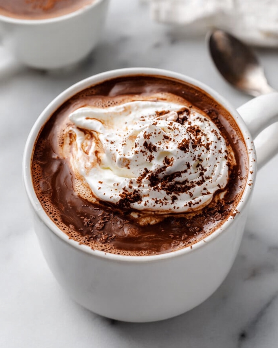 A white mug filled with thick, dark brown hot chocolate, topped with a large swirl of white whipped cream that has slightly melted into the drink, creating light brown and creamy patches on the surface. There is a dusting of fine, dark cocoa powder spread unevenly over the whipped cream and parts of the chocolate. The mug is placed on a white marbled surface, with another white cup and a spoon in the background. photo taken with an iphone --ar 4:5 --v 7