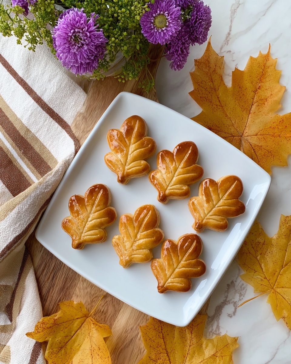 A white rectangular plate holds ten golden brown leaf-shaped pastries arranged in two rows. Each pastry is detailed with vein-like lines on top, resembling oak leaves with a slightly shiny texture. The plate sits on a wooden surface decorated with dried brown leaves, a small shiny metallic pumpkin, and clusters of small purple flowers. A beige cloth with orange stripes is placed on the bottom left corner. The background features a white marbled texture. Photo taken with an iphone --ar 4:5 --v 7