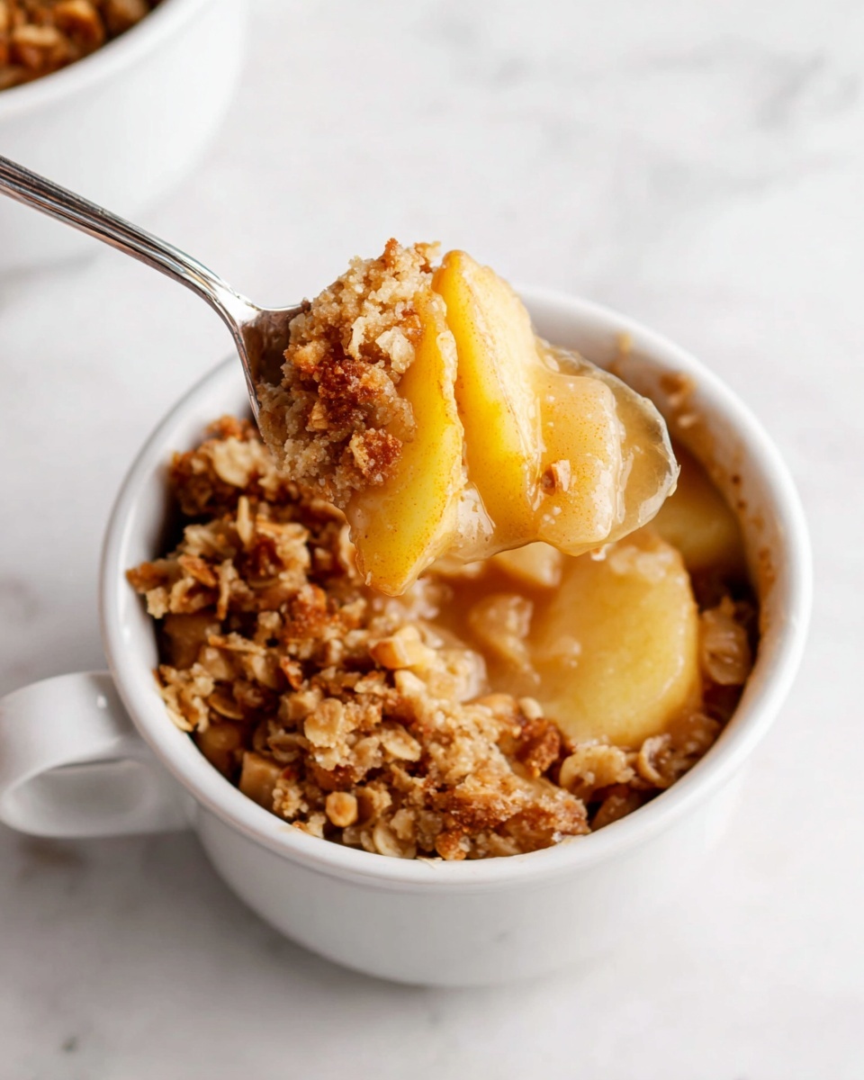 A white ceramic bowl filled with a warm apple crumble dessert, featuring a golden-brown crumbly oat topping with visible oats and small nut pieces, sitting on top of soft, tender, light golden apple slices soaked in a syrupy sauce, a spoon lifts a bite showing the layered texture of crumbly topping and soft apple beneath, all placed on a white marbled surface. photo taken with an iphone --ar 4:5 --v 7