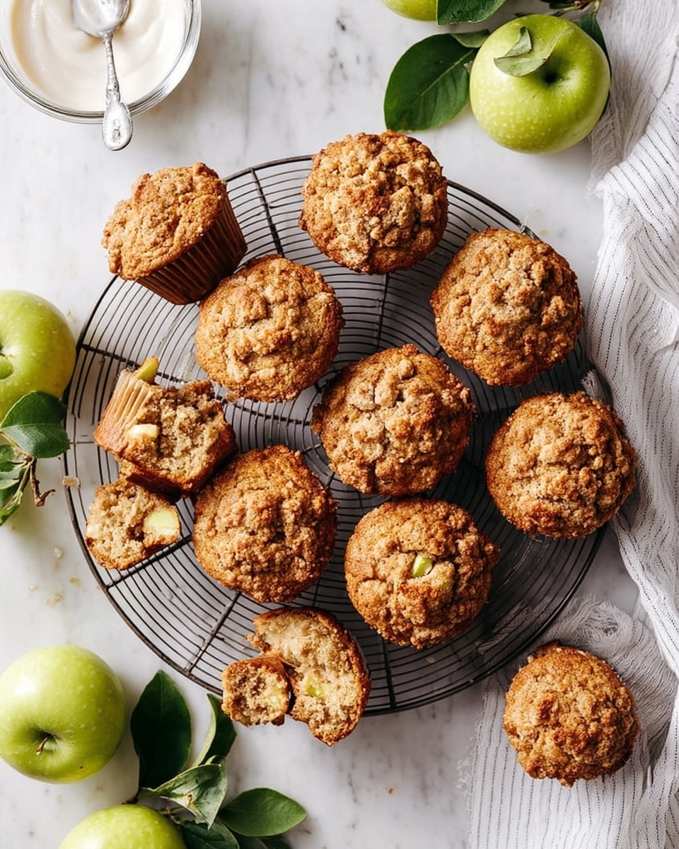 The image shows a round black wire cooling rack placed on a white marbled surface, holding ten golden-brown muffins with crumbly tops in uneven clusters. One muffin is cut in half, showing a soft, light interior with small pieces of apple inside. Surrounding the rack are fresh green apples with leaves attached, and a clear glass bowl filled with white icing sits in the top left corner with a silver spoon inside. A striped light cloth is also partially visible near the apples. photo taken with an iphone --ar 4:5 --v 7