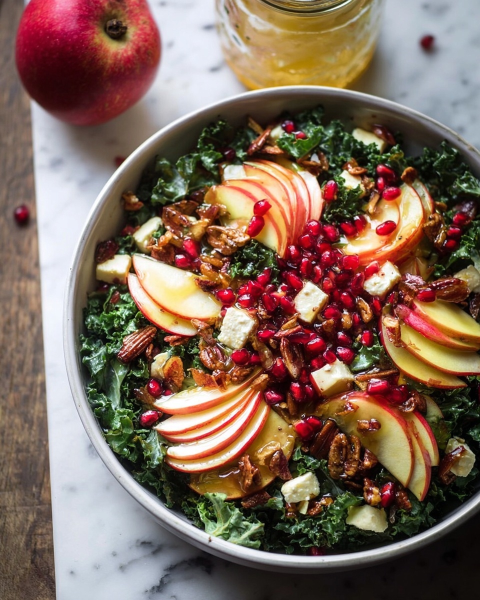 A large white bowl filled with a colorful salad sits on a white marbled surface, featuring deep green kale leaves as the bottom layer. On top of the kale, there are thin, curved slices of red and yellow apples arranged in small clusters evenly around the bowl. Bright red pomegranate seeds are scattered across the salad, adding vibrant spots of color. Crispy brown pieces, possibly toasted nuts or seeds, and chunks of white cheese are mixed in, giving texture and contrast. The salad looks fresh and well layered with a mix of smooth, crunchy, and soft textures. Nearby, a jar with a golden dressing and two apples are slightly out of focus, adding to the natural kitchen feel. Photo taken with an iphone --ar 4:5 --v 7