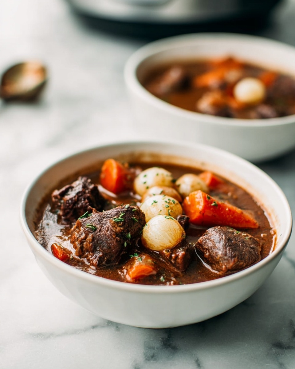 A white bowl filled with thick brown stew sits on a white marbled surface. The stew has several large pieces of dark brown meat, light orange chunks of carrot, and small whole white onions layered on top, all covered in a rich, shiny brown sauce with visible herbs sprinkled around. In the background, another similar white bowl is slightly blurred but shows the same stew with a spoon resting inside. The overall lighting is soft and natural, giving the dish a warm and hearty look. Photo taken with an iphone --ar 4:5 --v 7