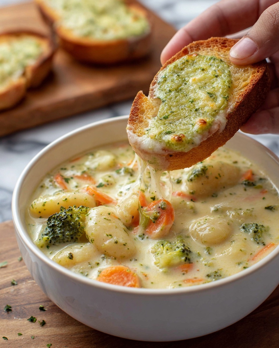 A close-up image shows a white bowl filled with creamy soup that has visible chunks of broccoli, orange carrot strips, and small pieces of potato or gnocchi in it. A woman's hand holds a toasted bread slice above the bowl with some of the creamy soup on it, showing a mix of melted cheese and green broccoli sauce on the bread. In the background, there is another toasted bread slice on a wooden board, slightly blurred, all placed on a white marbled surface. The colors are warm and inviting, with green, orange, and creamy white tones. Photo taken with an iphone --ar 4:5 --v 7