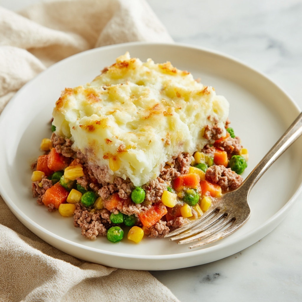 A white baking dish with a handle on each side contains a shepherd’s pie with two layers visible. The bottom layer is a mix of cooked ground meat, bright green peas, small orange carrot pieces, and yellow corn kernels, showing a soft and moist texture. The top layer is mashed potatoes, fluffy and golden brown on the surface with some browned spots, giving a lightly crispy look. A metal spoon rests inside the dish with some filling scooped out, revealing the colorful layered filling underneath. The dish sits on a white marbled surface, with a white plate partially visible on the left side holding some crumbs. Photo taken with an iphone --ar 4:5 --v 7